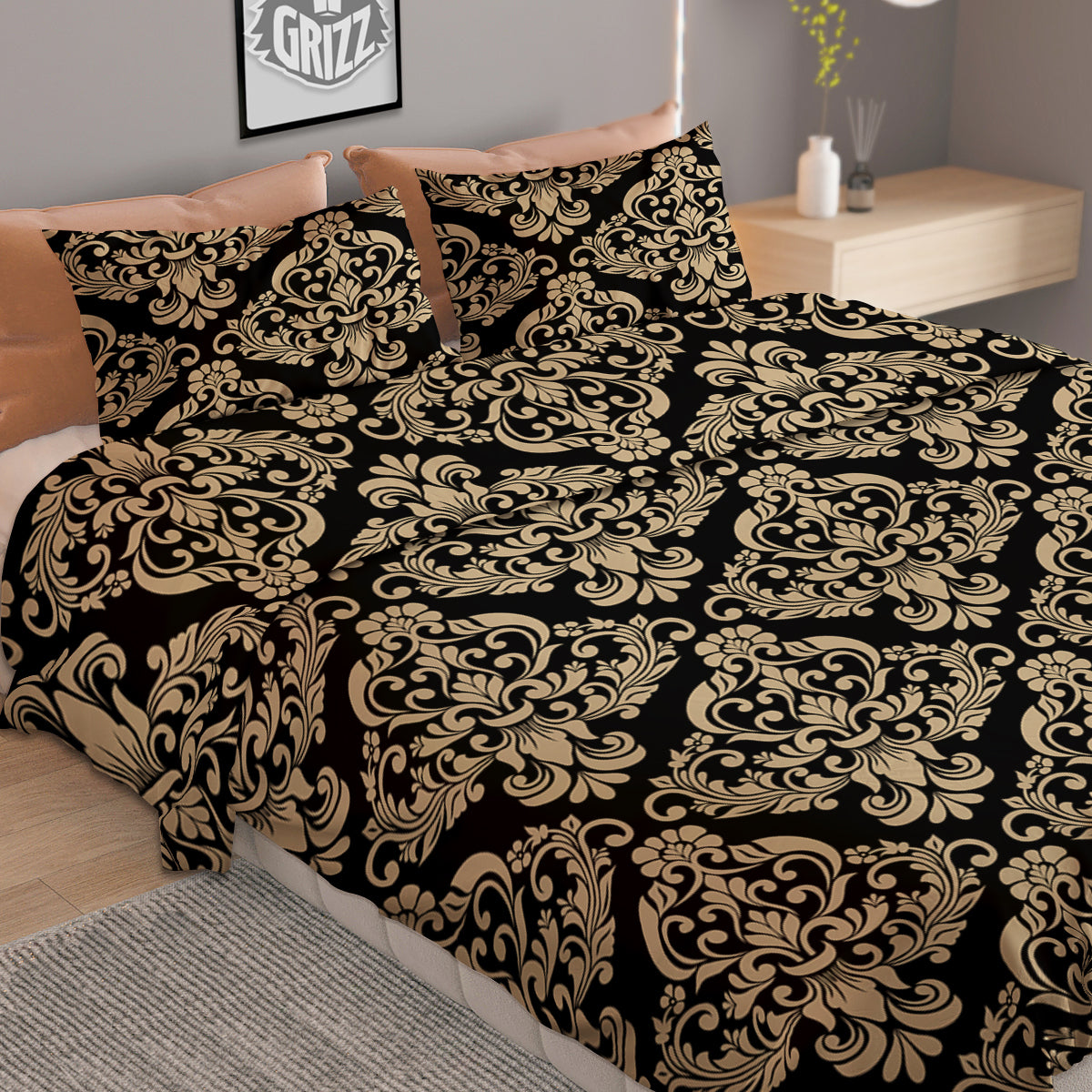 Damask Beige And Black Print Pattern Duvet Cover Bedding Set