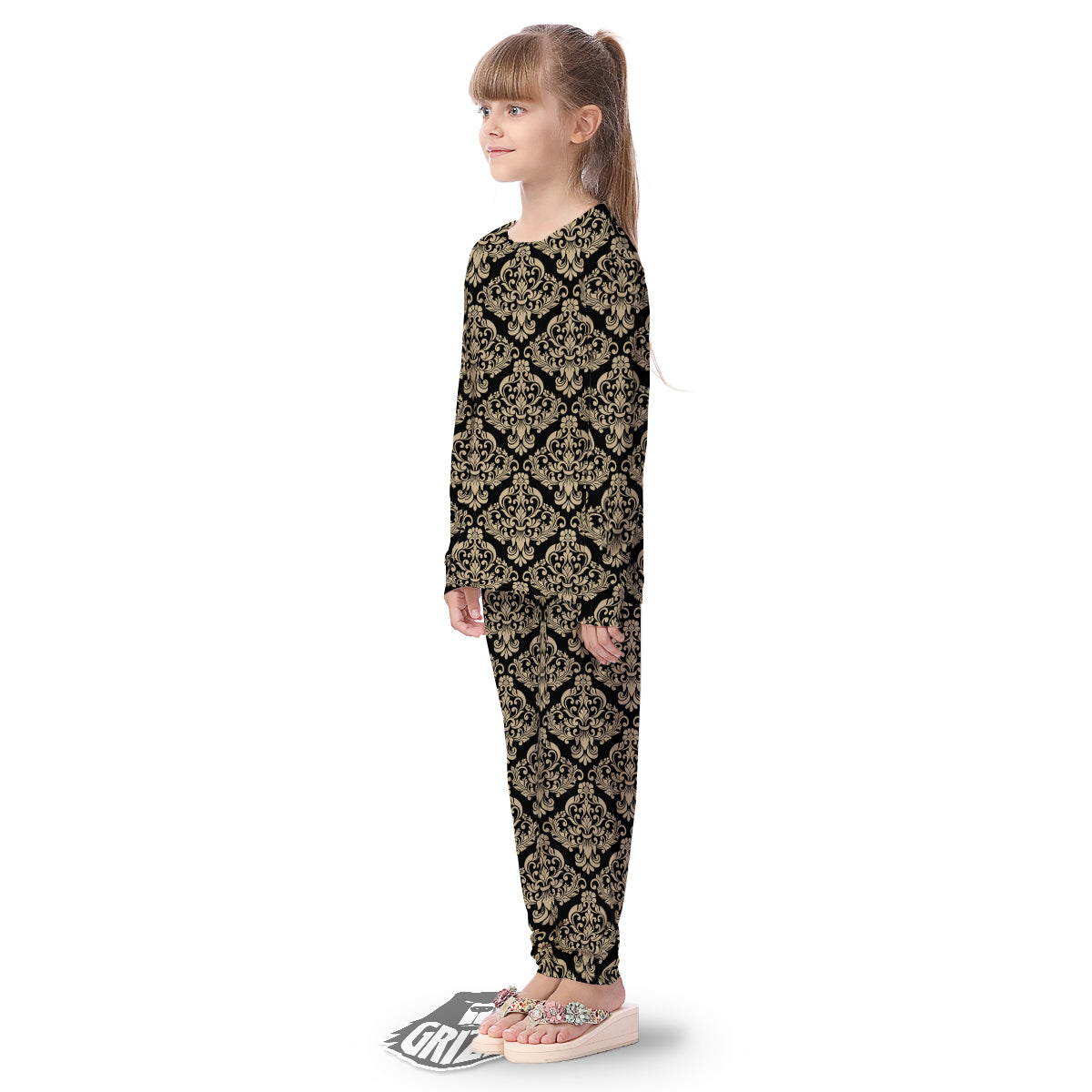 Damask Beige And Black Print Pattern Kid's Pajamas-grizzshop