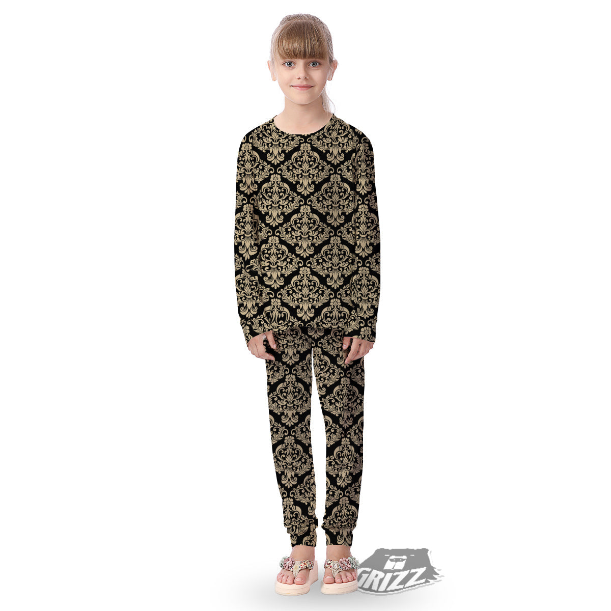 Damask Beige And Black Print Pattern Kid's Pajamas-grizzshop