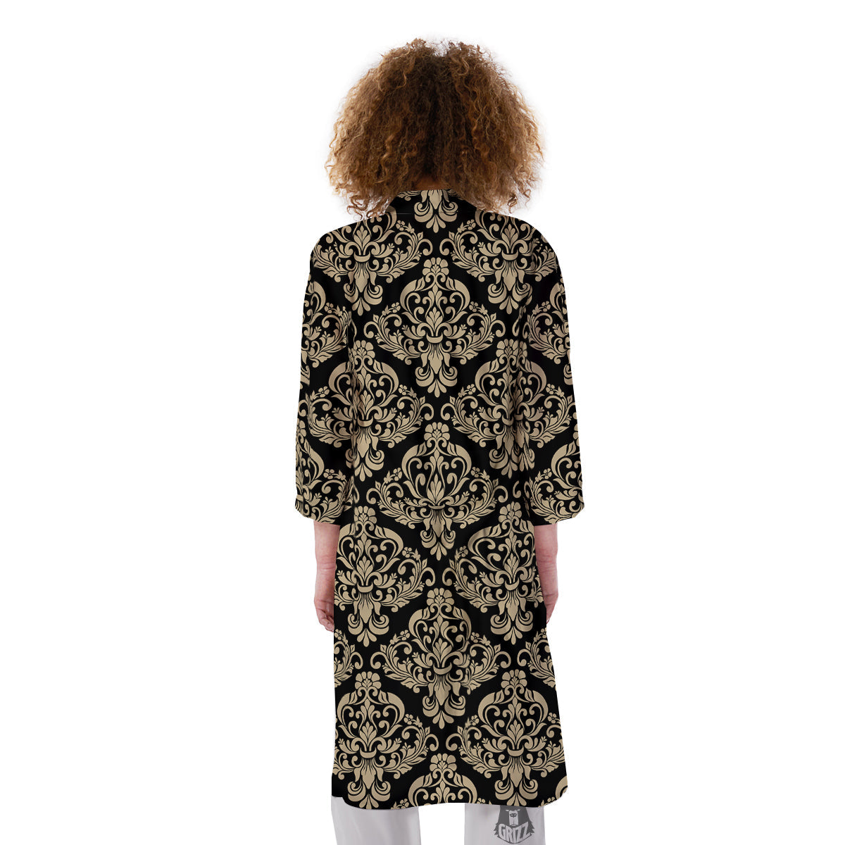 Damask Beige And Black Print Pattern Kimono-grizzshop