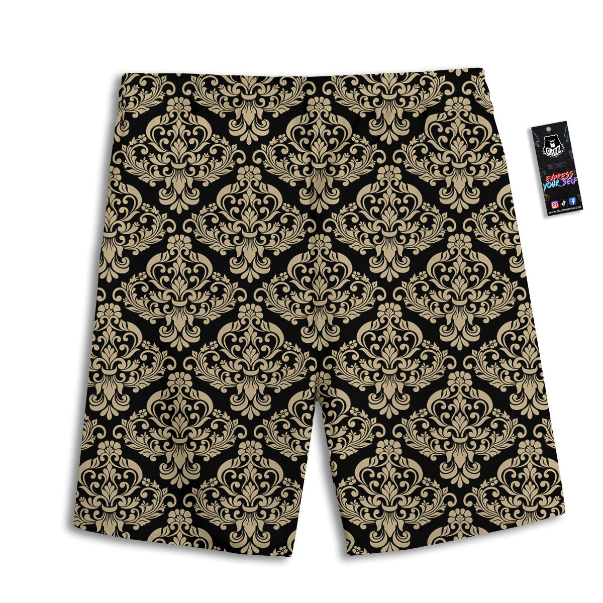 Damask Beige And Black Print Pattern Men's Athletic Shorts