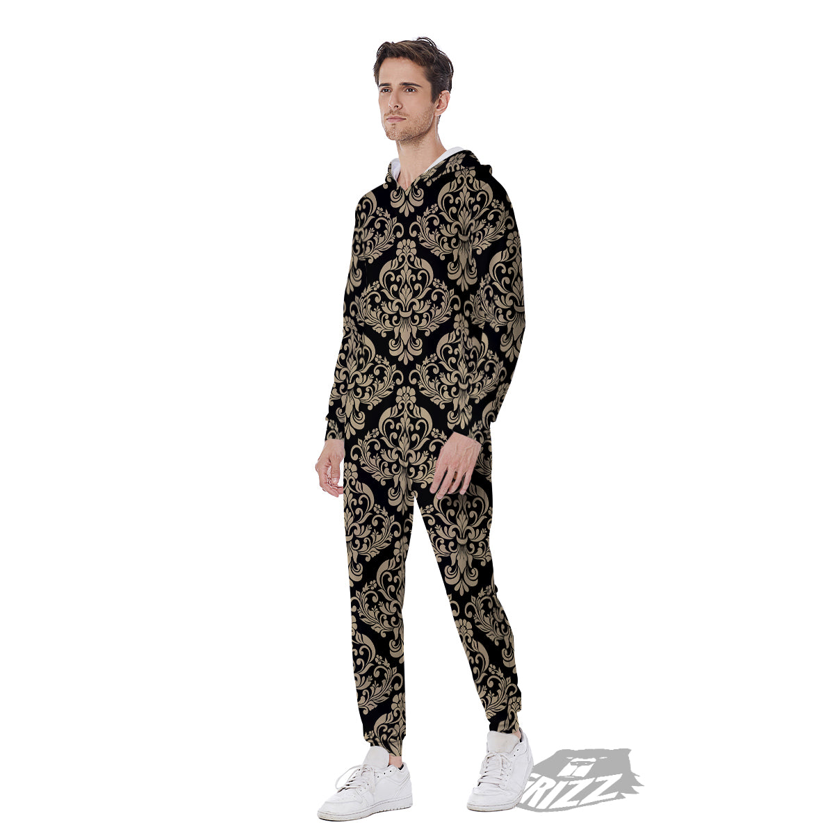 Damask Beige And Black Print Pattern Men's Jumpsuit-grizzshop