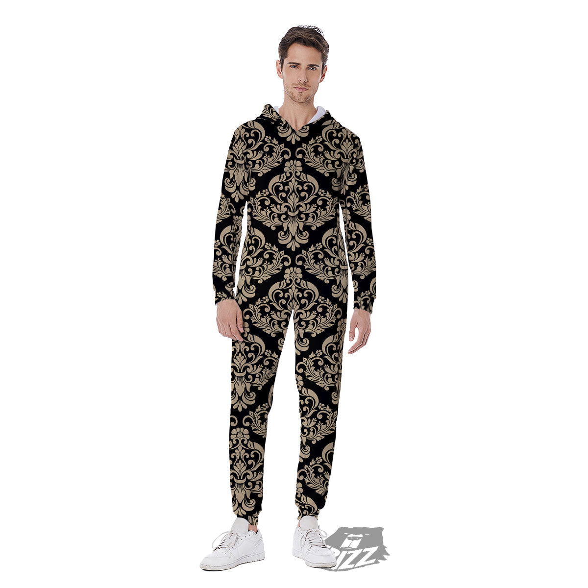 Damask Beige And Black Print Pattern Men's Jumpsuit-grizzshop