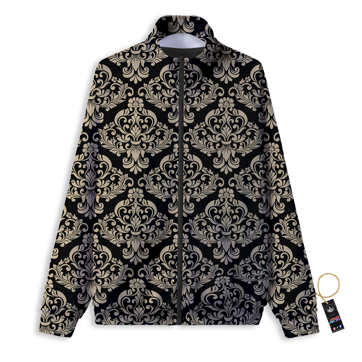 Damask Beige And Black Print Pattern Track Jacket-grizzshop