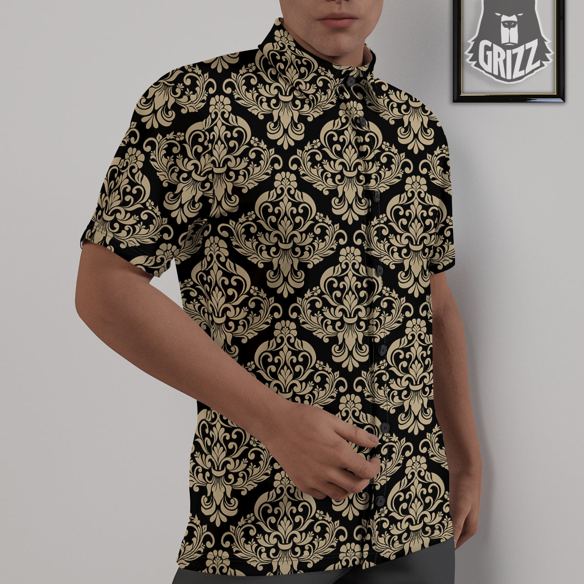 Damask Beige And Black Print Pattern Untucked Shirts-grizzshop