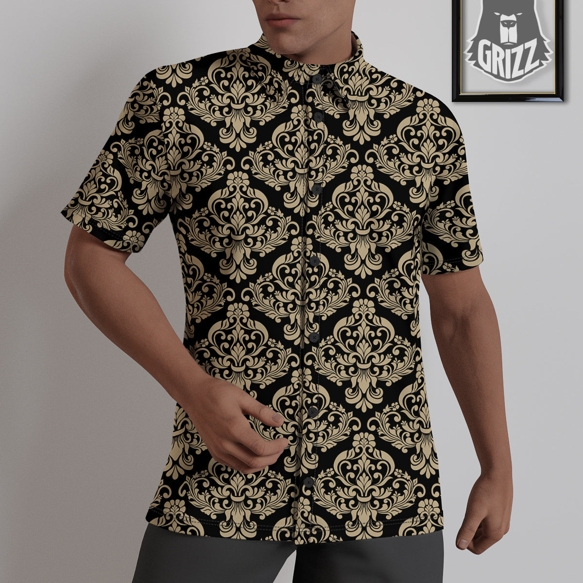Damask Beige And Black Print Pattern Untucked Shirts-grizzshop
