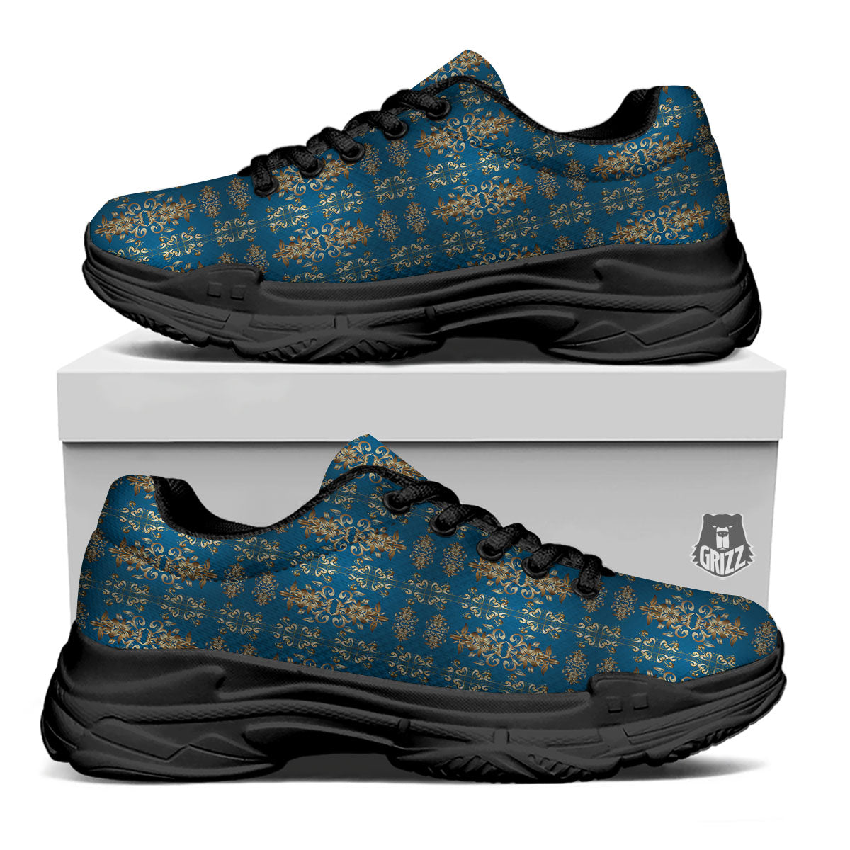 Damask Brown And Blue Print Pattern Black Chunky Shoes-grizzshop