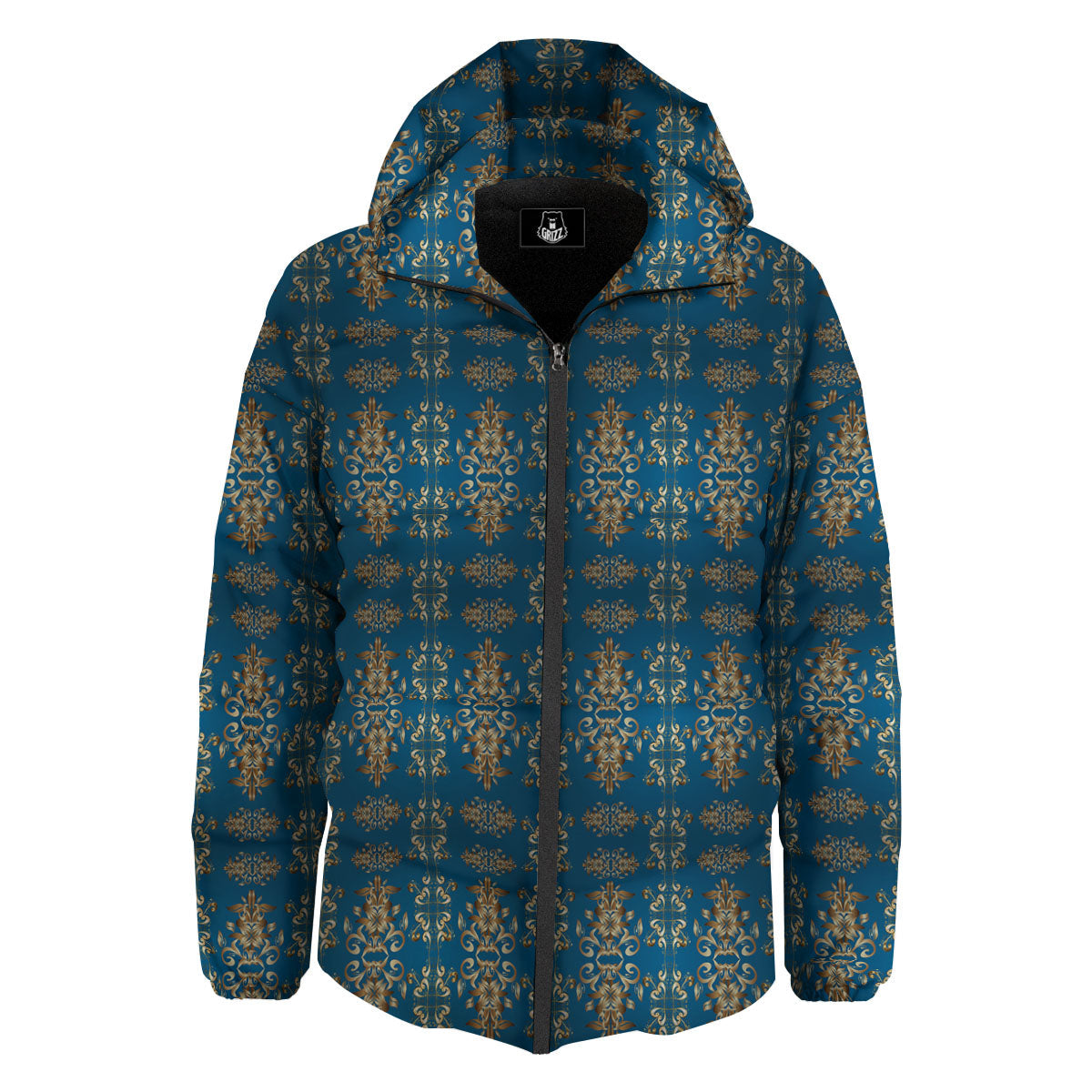 Damask Brown And Blue Print Pattern Down Jacket-grizzshop