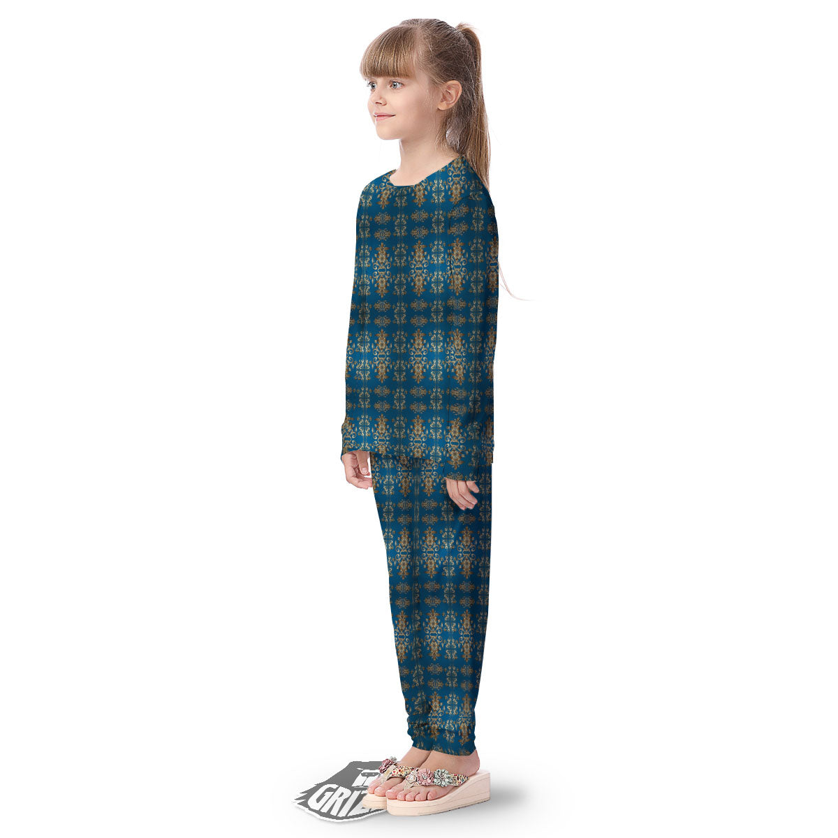 Damask Brown And Blue Print Pattern Kid's Pajamas-grizzshop