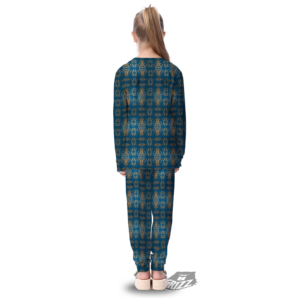 Damask Brown And Blue Print Pattern Kid's Pajamas-grizzshop