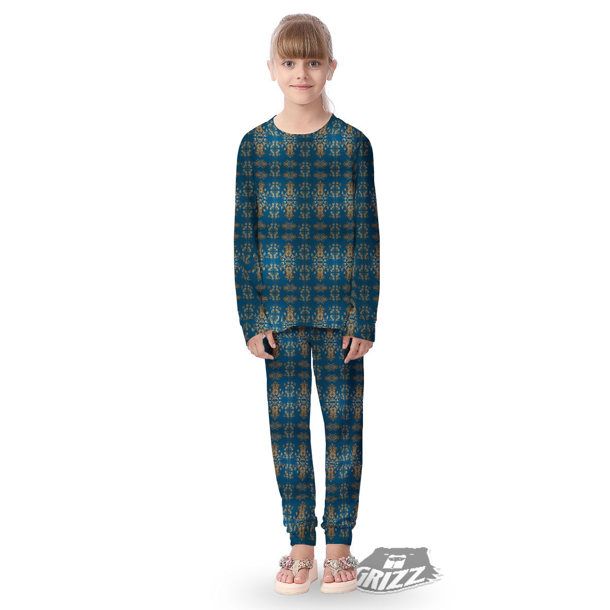 Damask Brown And Blue Print Pattern Kid's Pajamas-grizzshop