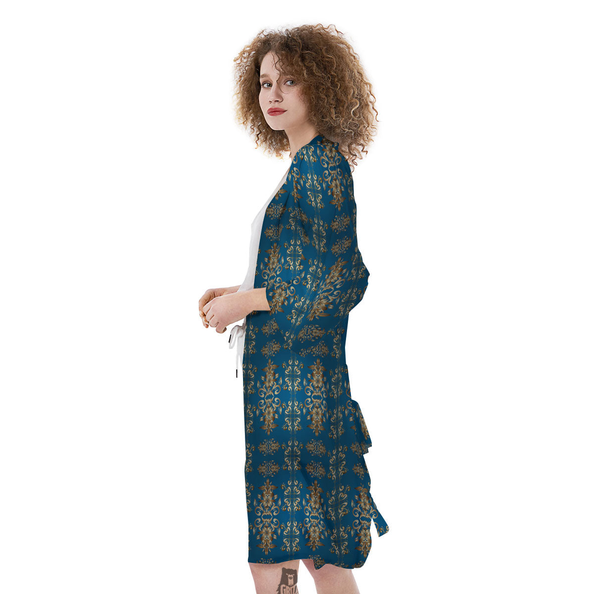 Damask Brown And Blue Print Pattern Kimono-grizzshop