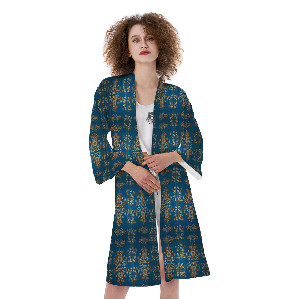 Damask Brown And Blue Print Pattern Kimono-grizzshop