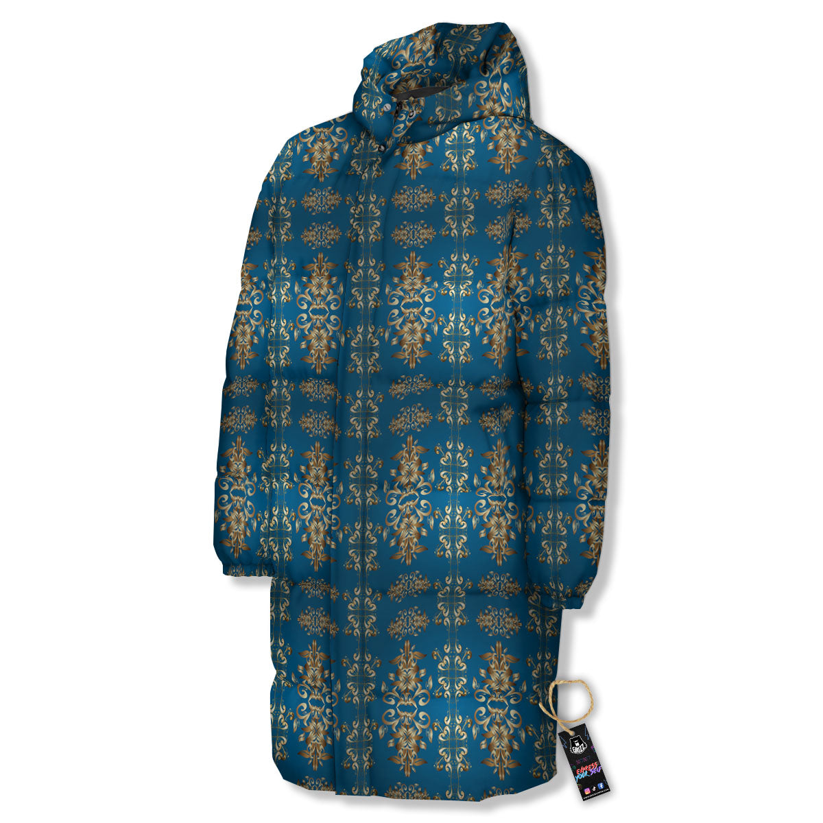 Damask Brown And Blue Print Pattern Long Down Jacket-grizzshop