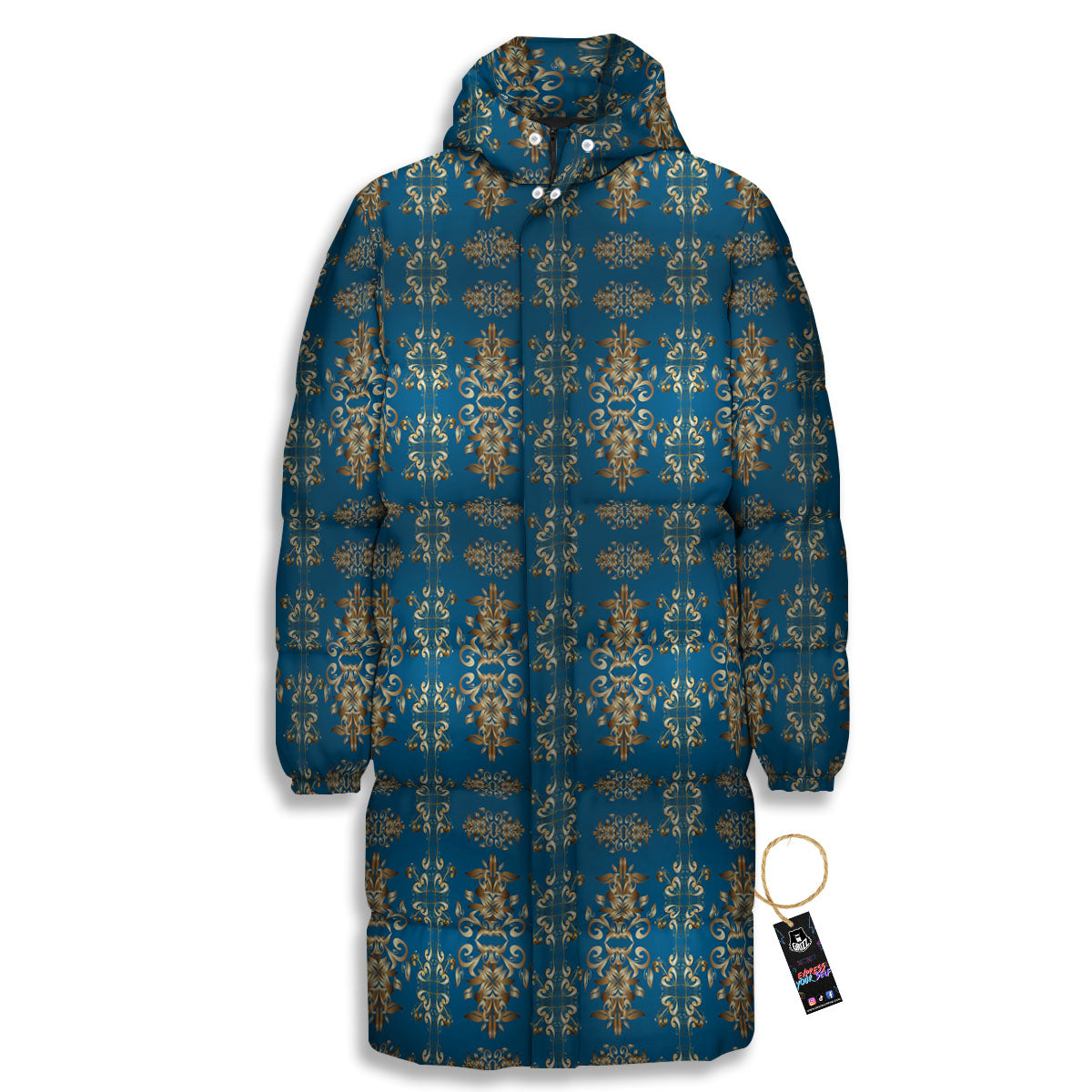 Damask Brown And Blue Print Pattern Long Down Jacket-grizzshop