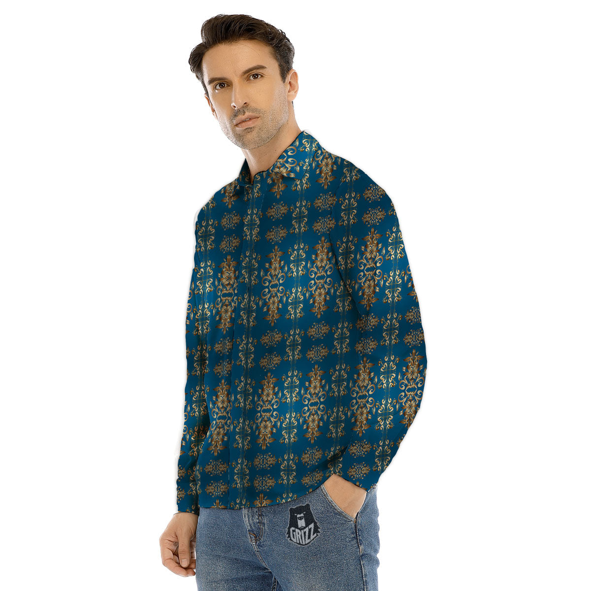 Damask Brown And Blue Print Pattern Men's Dress Shirts-grizzshop
