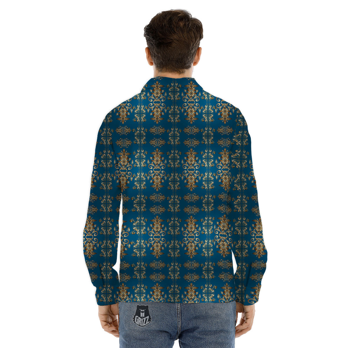 Damask Brown And Blue Print Pattern Men's Dress Shirts-grizzshop