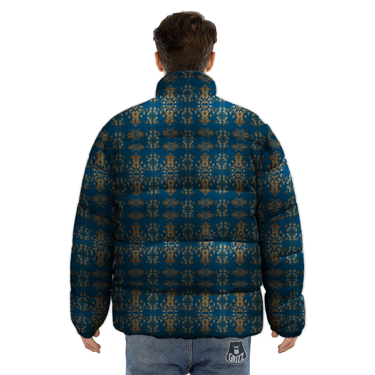Damask Brown And Blue Print Pattern Puffer Jacket-grizzshop