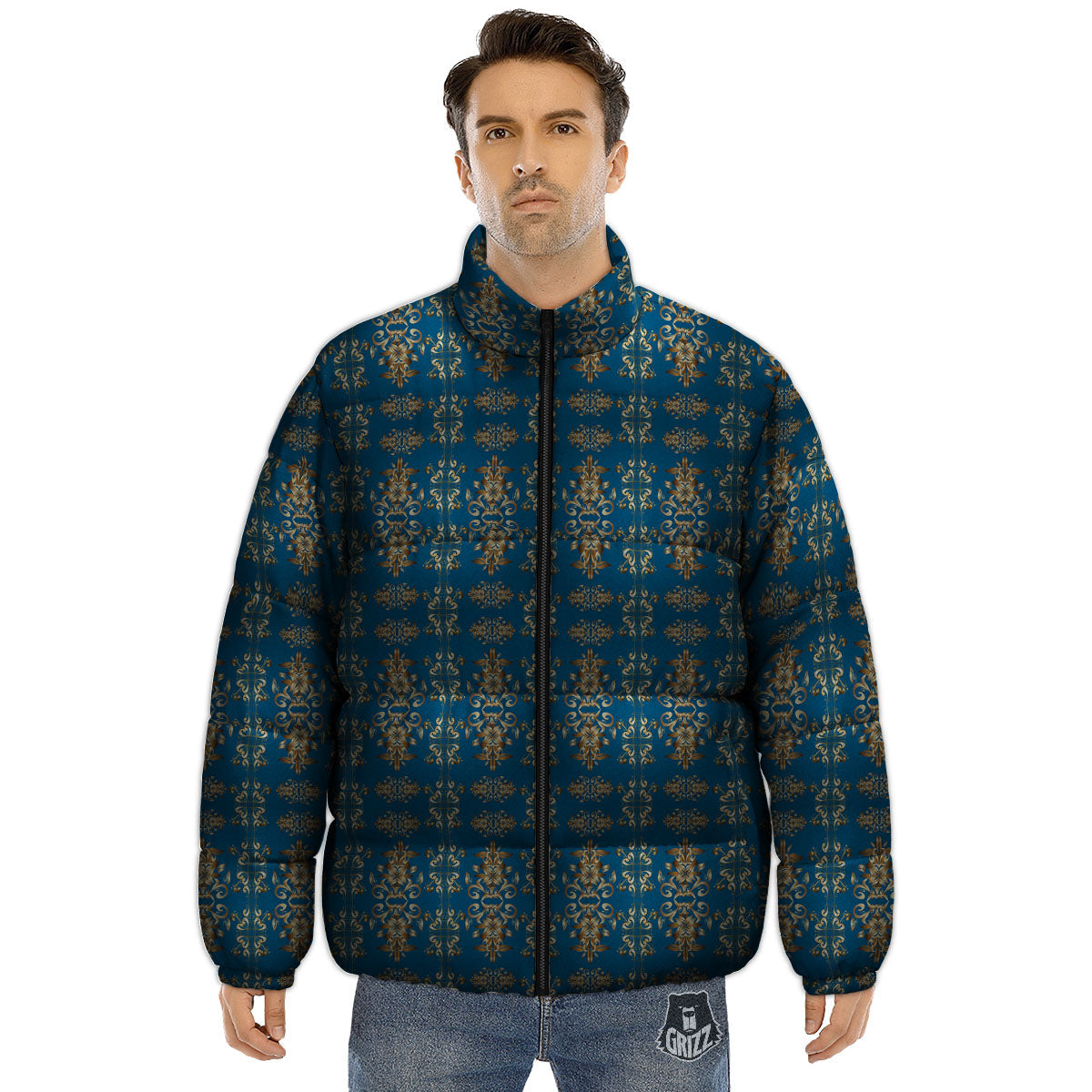 Damask Brown And Blue Print Pattern Puffer Jacket-grizzshop