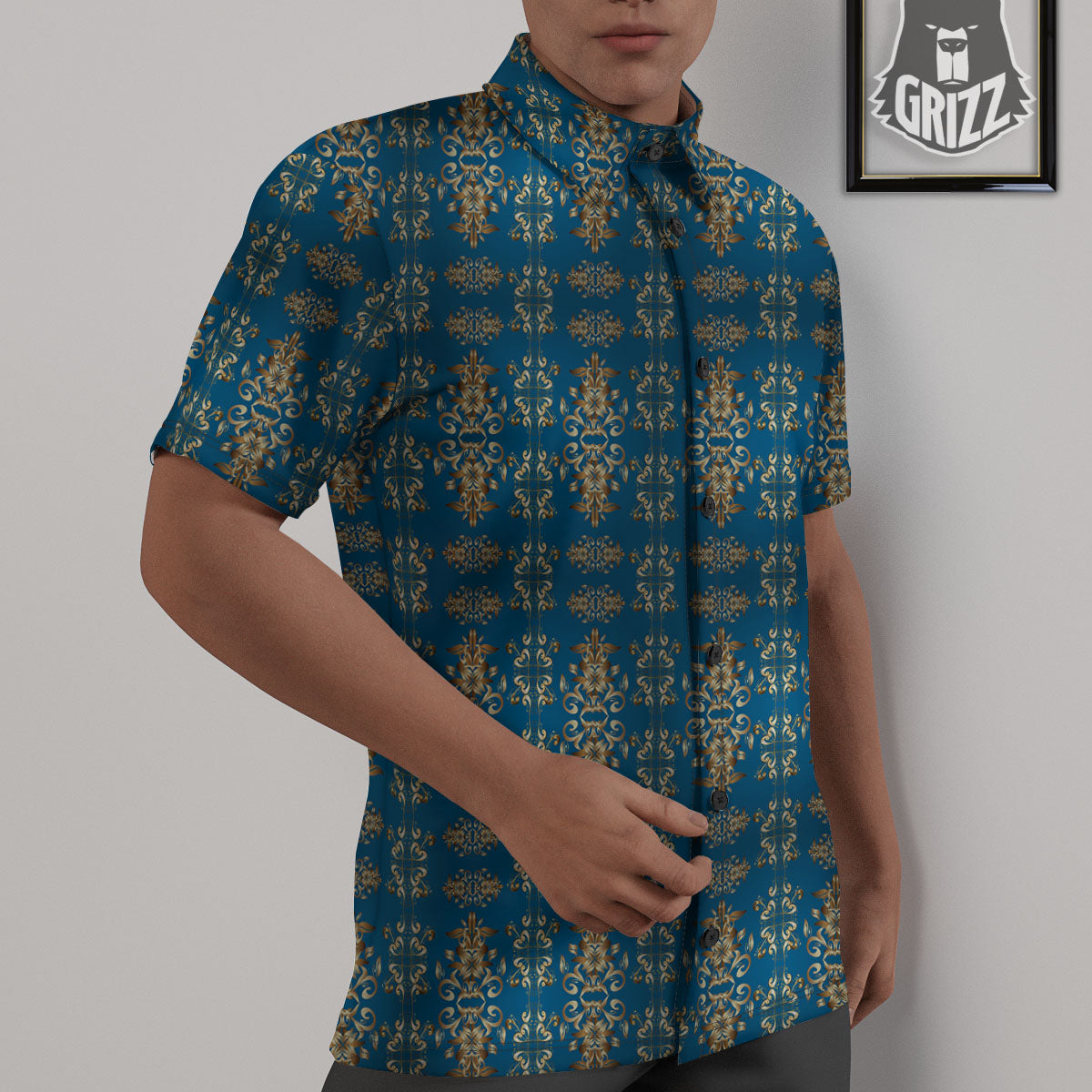 Damask Brown And Blue Print Pattern Untucked Shirts-grizzshop