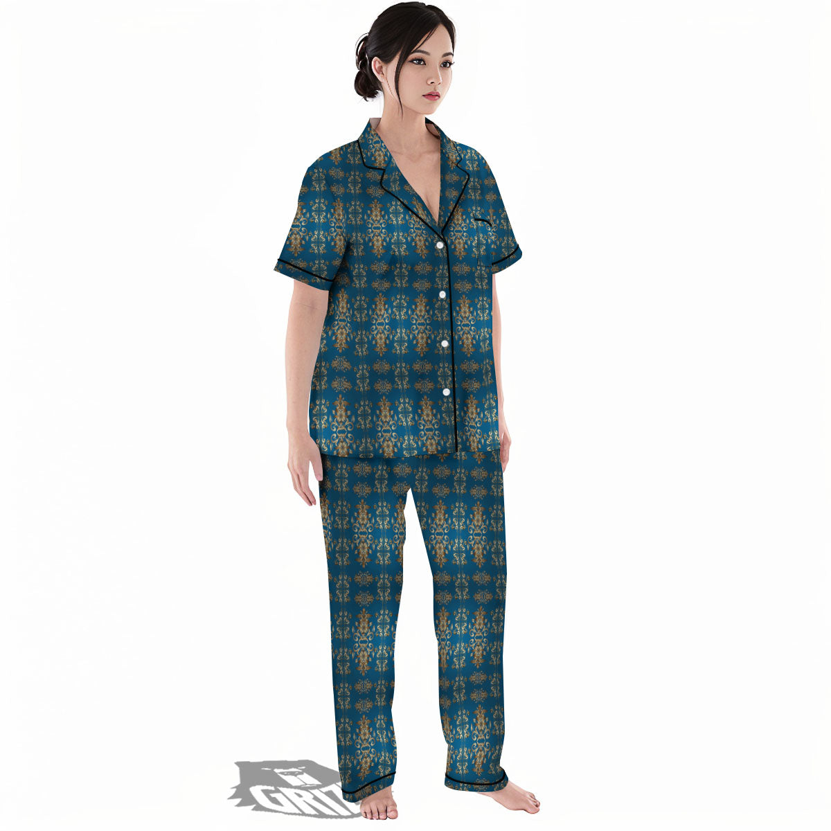Damask Brown And Blue Print Pattern Women's Pajamas Set-grizzshop