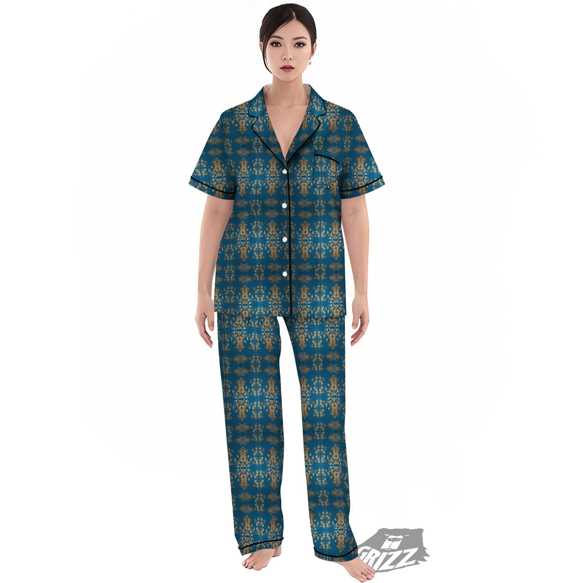 Damask Brown And Blue Print Pattern Women's Pajamas Set-grizzshop