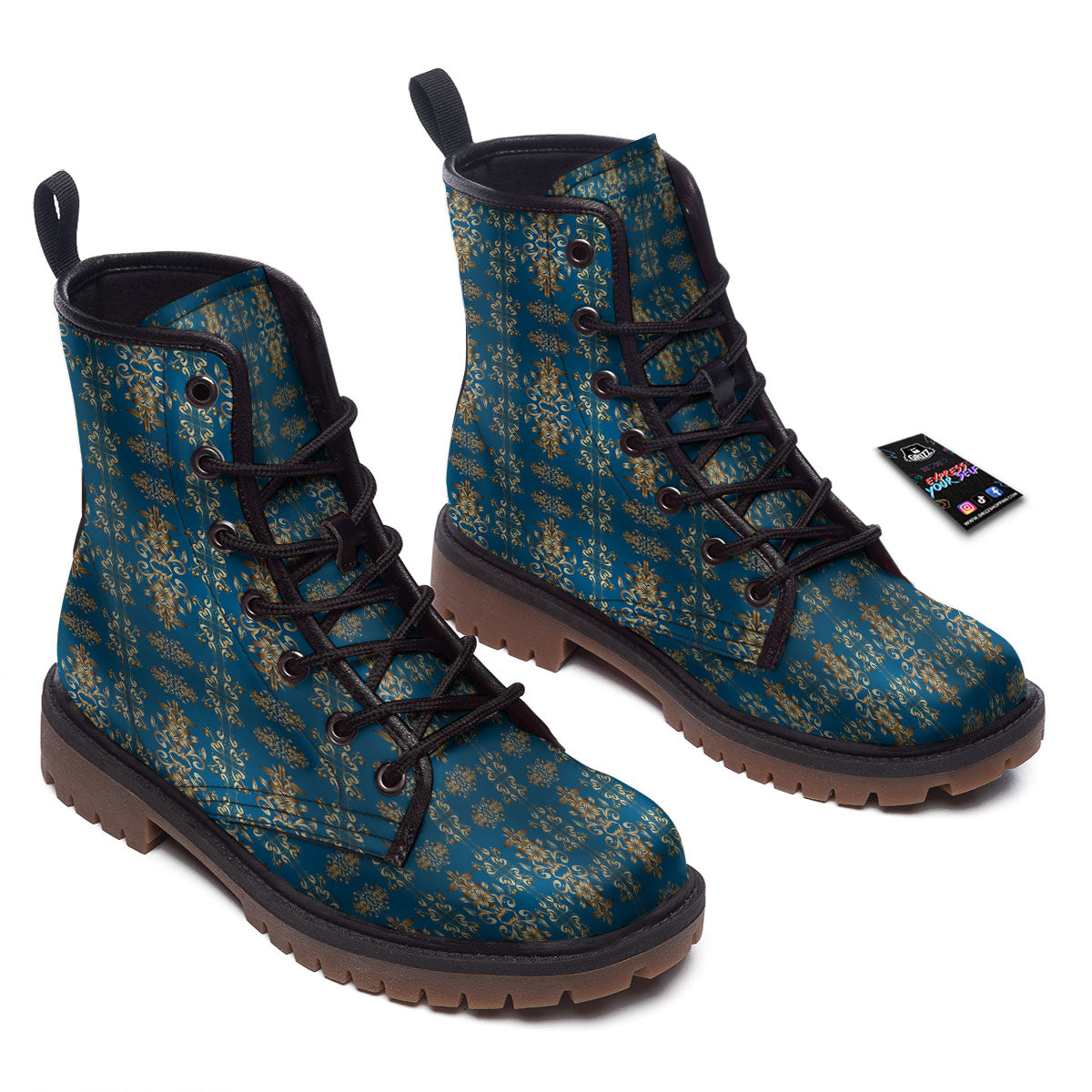 Damask Brown And Blue Print Pattern Work Boots-grizzshop