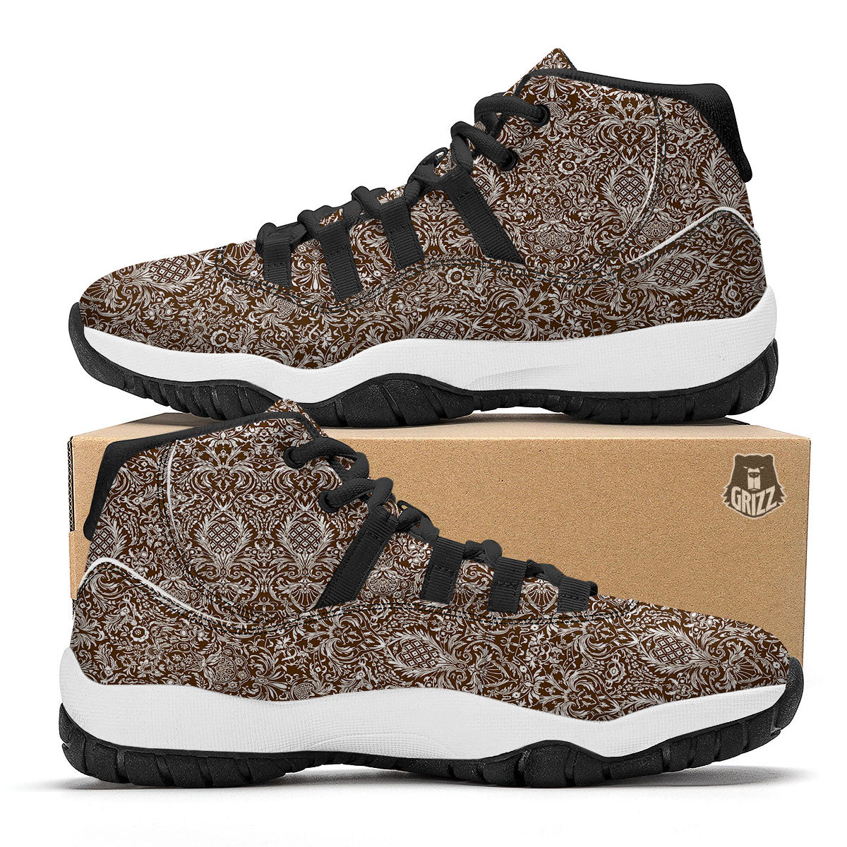 Damask Brown Print Pattern Black Bball Shoes-grizzshop