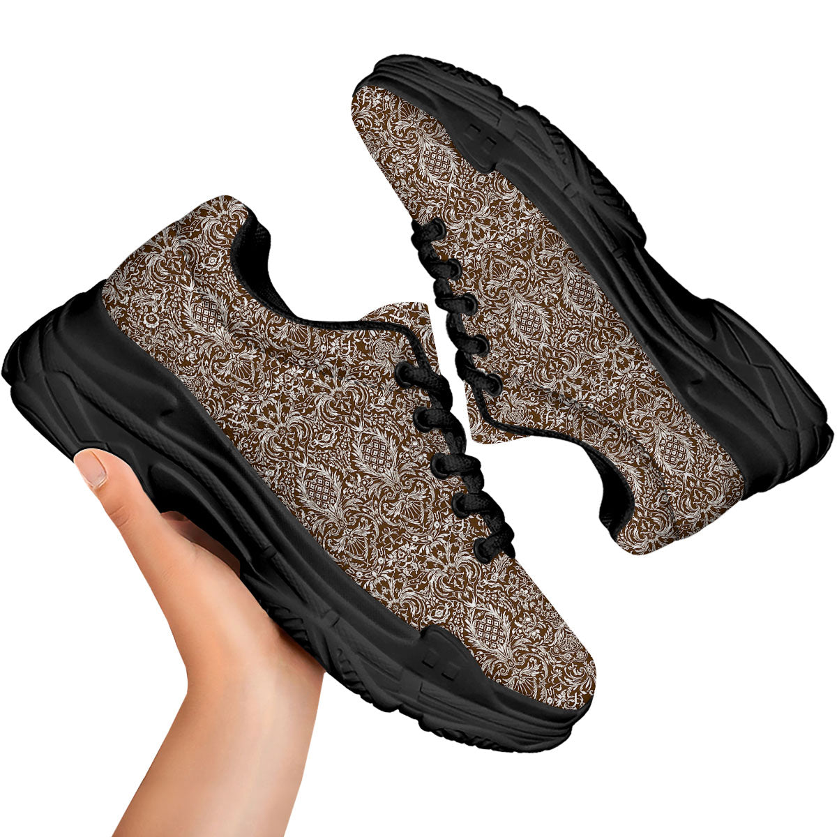 Damask Brown Print Pattern Black Chunky Shoes-grizzshop