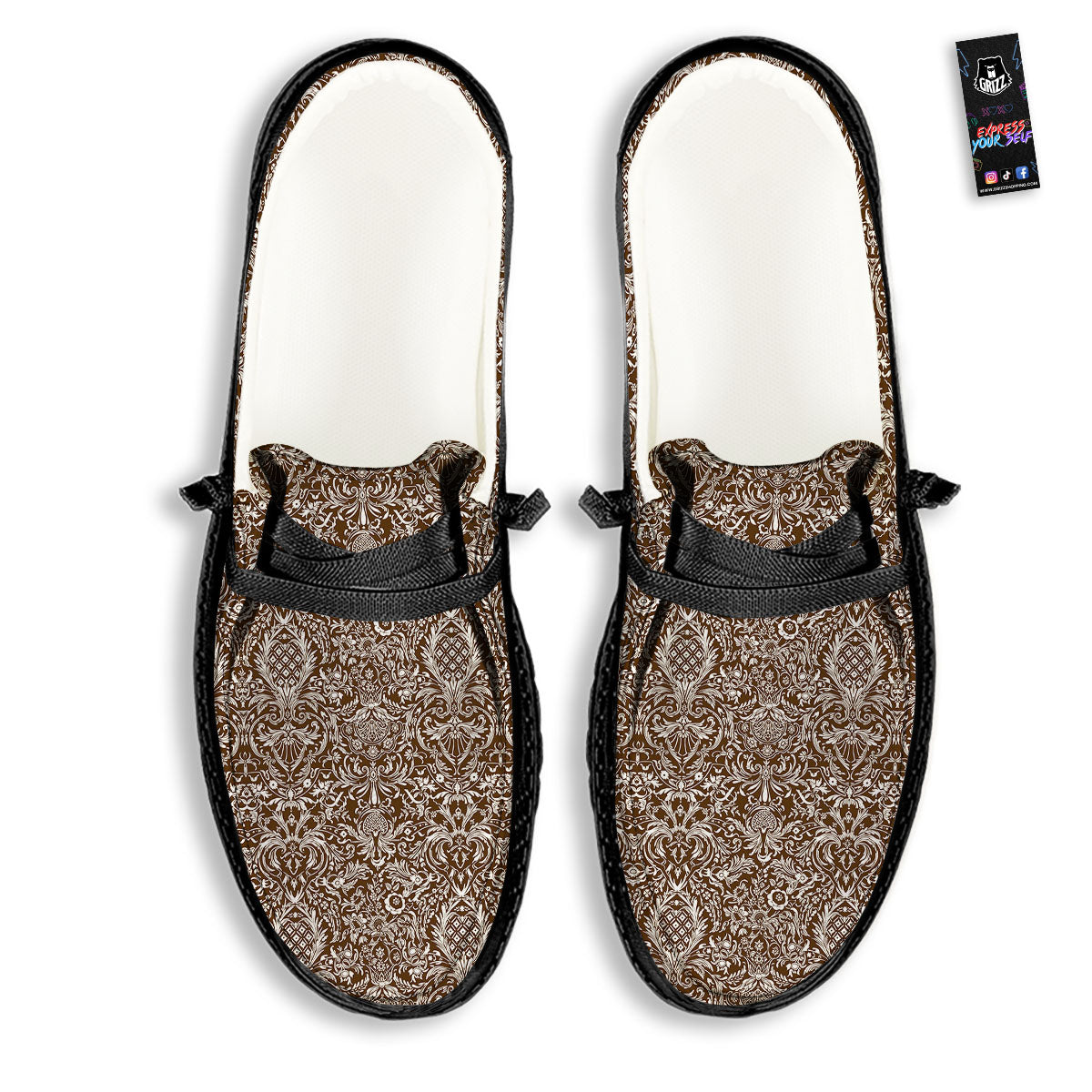 Damask Brown Print Pattern Black Loafers-grizzshop