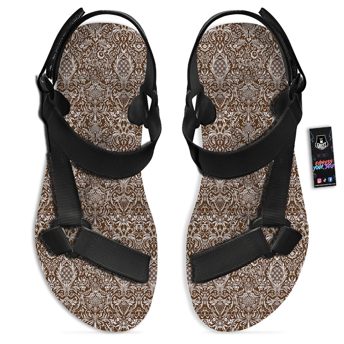 Damask Brown Print Pattern Black Open Toe Sandals-grizzshop
