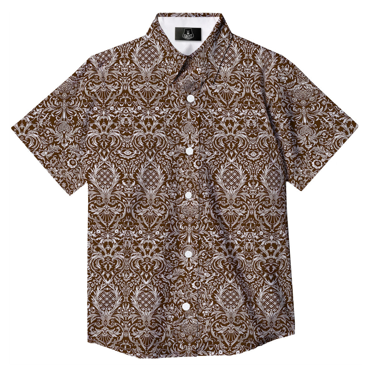 Damask Brown Print Pattern Button Up Shirt-grizzshop