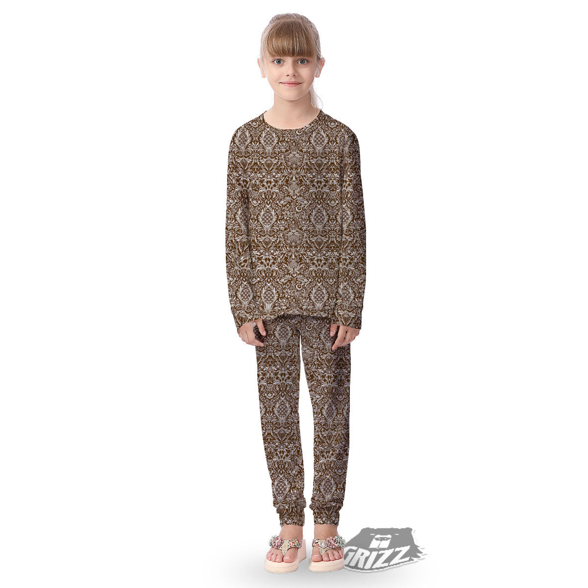 Damask Brown Print Pattern Kid's Pajamas-grizzshop