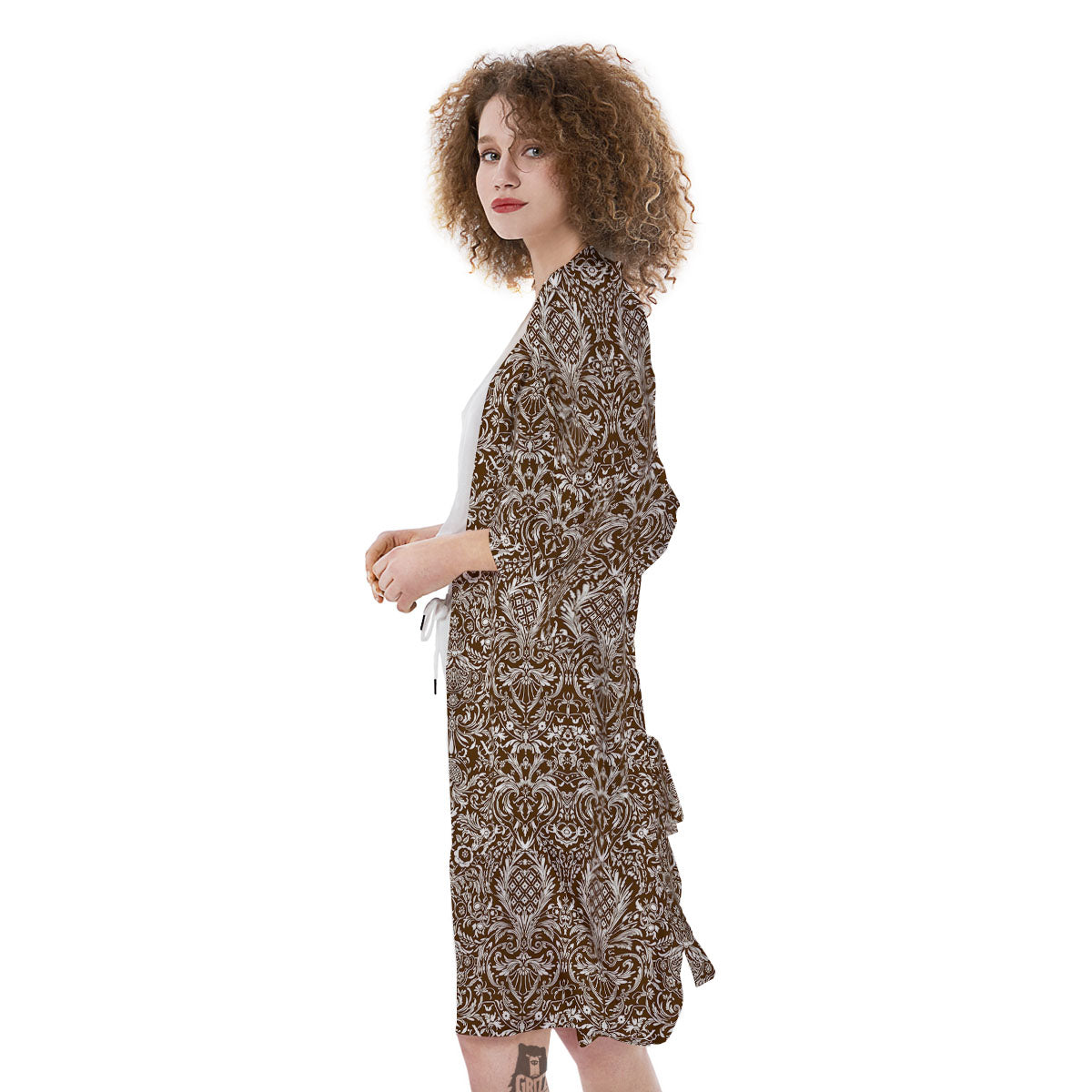 Damask Brown Print Pattern Kimono-grizzshop