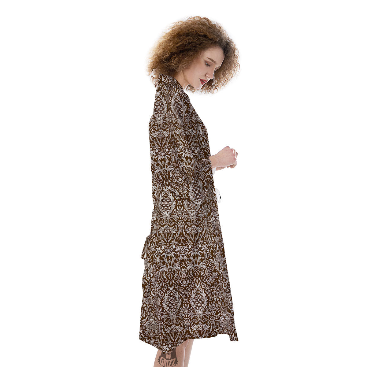 Damask Brown Print Pattern Kimono-grizzshop