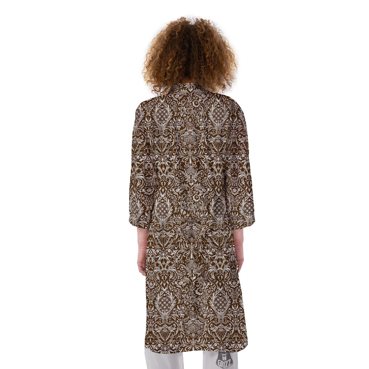 Damask Brown Print Pattern Kimono-grizzshop