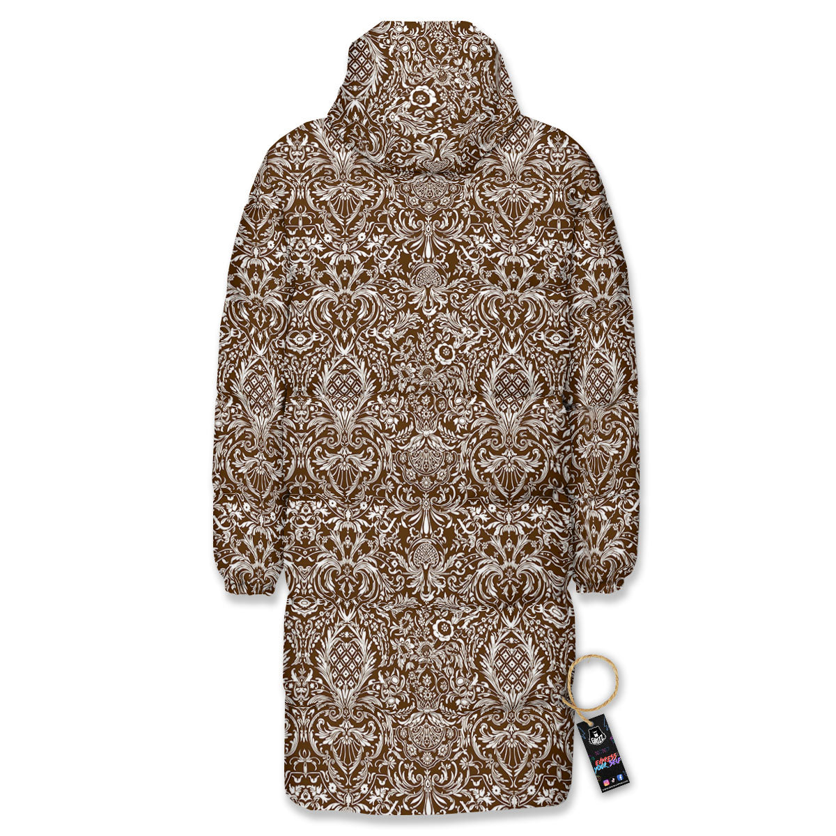 Damask Brown Print Pattern Long Down Jacket-grizzshop