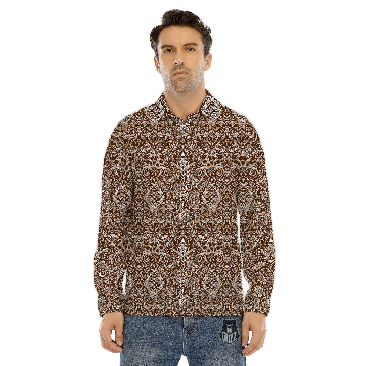 Damask Brown Print Pattern Men's Dress Shirts-grizzshop