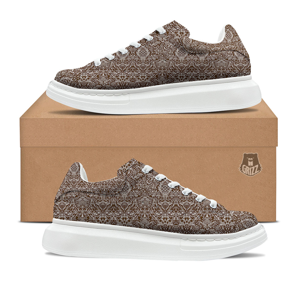 Damask Brown Print Pattern Platform Shoes-grizzshop