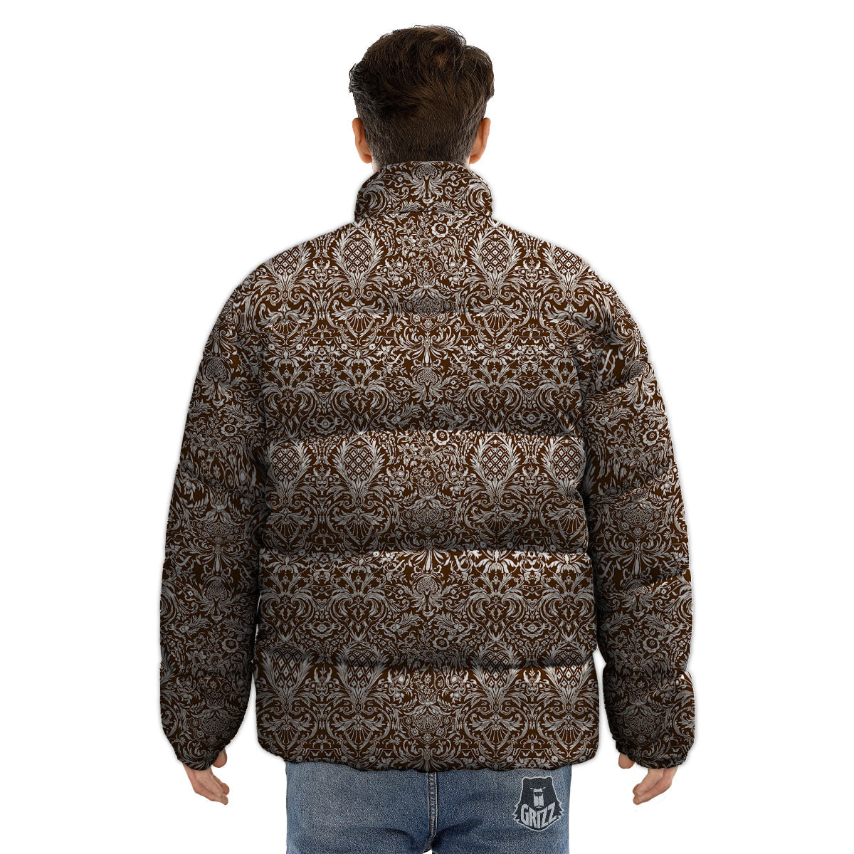 Damask Brown Print Pattern Puffer Jacket-grizzshop