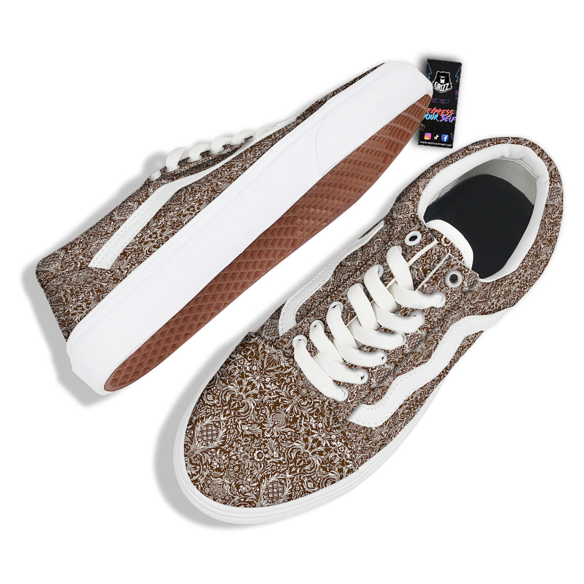 Damask Brown Print Pattern Skate Shoes-grizzshop