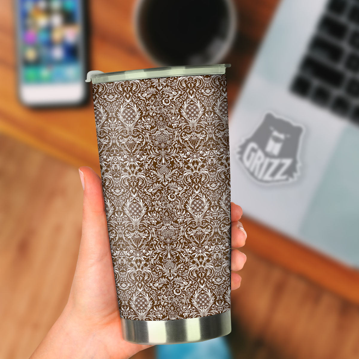 Damask Brown Print Pattern Tumbler-grizzshop