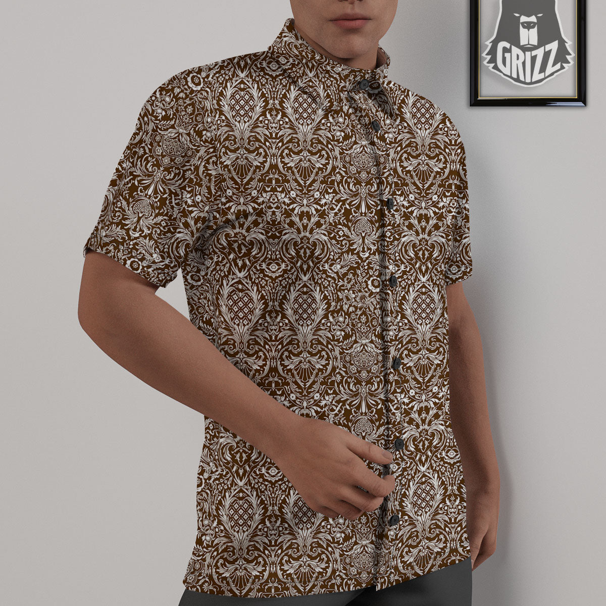Damask Brown Print Pattern Untucked Shirts-grizzshop