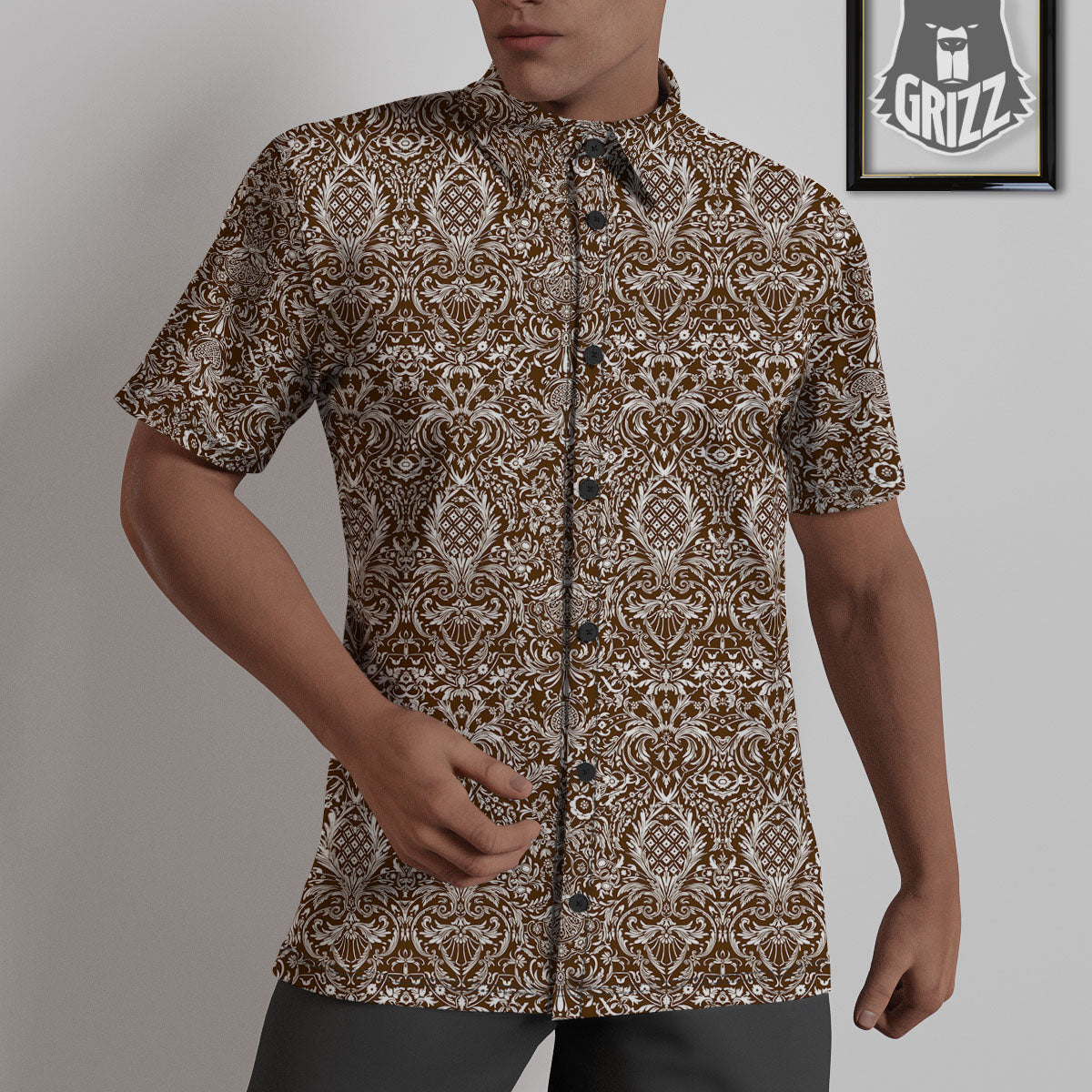 Damask Brown Print Pattern Untucked Shirts-grizzshop