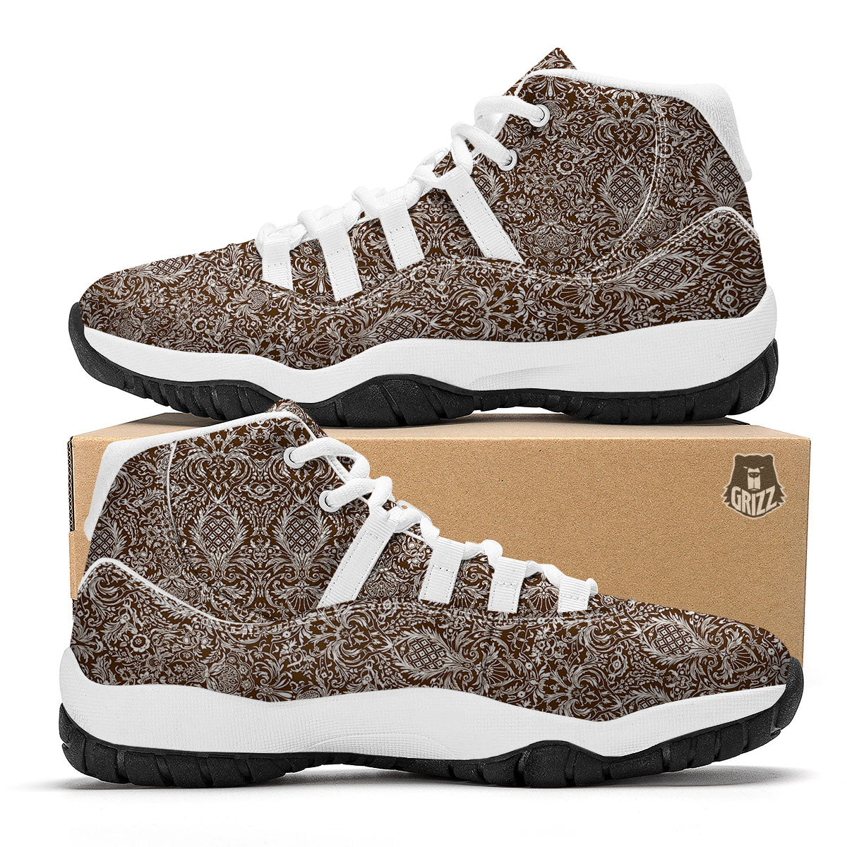 Damask Brown Print Pattern White Bball Shoes-grizzshop