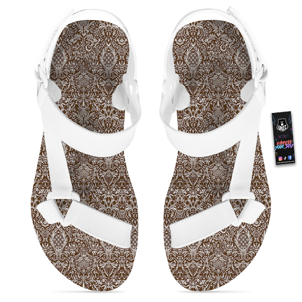 Damask Brown Print Pattern White Open Toe Sandals-grizzshop
