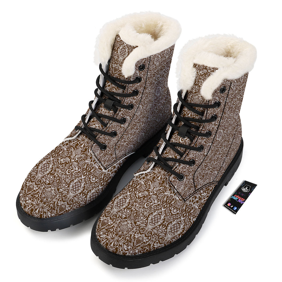 Damask Brown Print Pattern Winter Boots-grizzshop