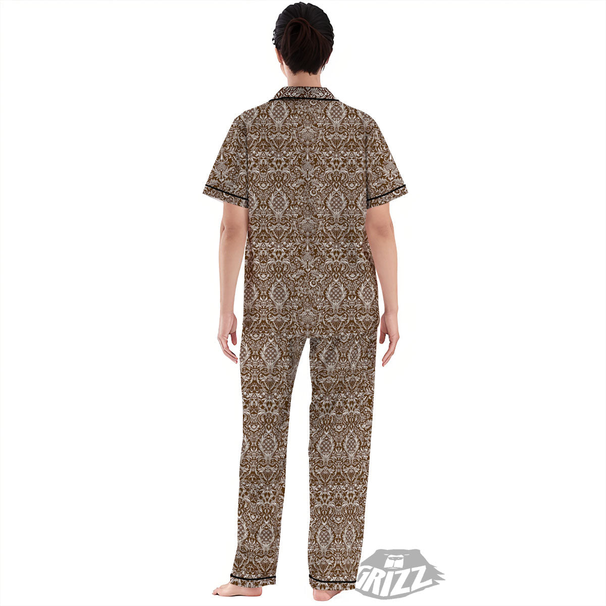 Damask Brown Print Pattern Women's Pajamas Set-grizzshop