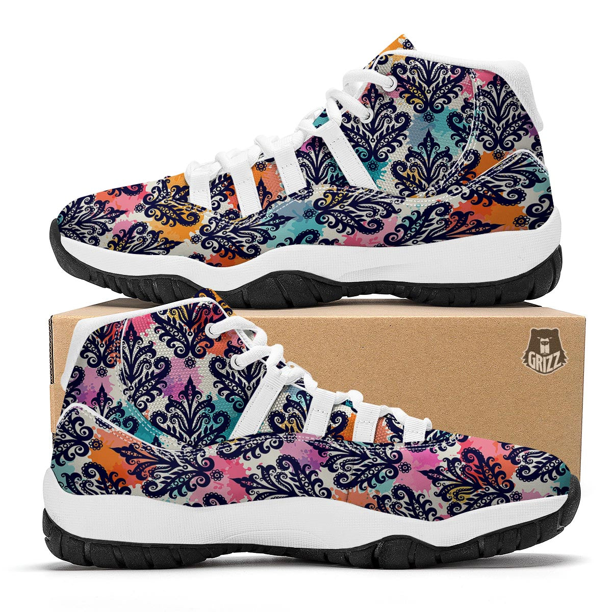 Damask Colorful Pattern Print White Bball Shoes-grizzshop