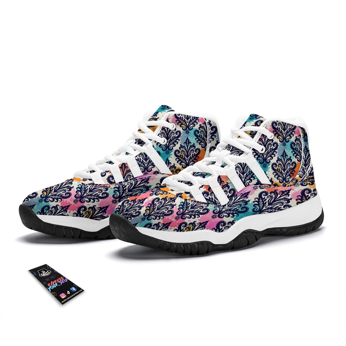 Damask Colorful Pattern Print White Bball Shoes-grizzshop